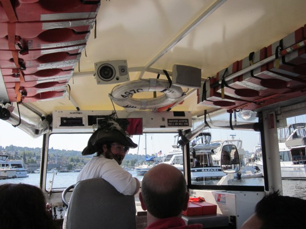 Duck boat driving into water